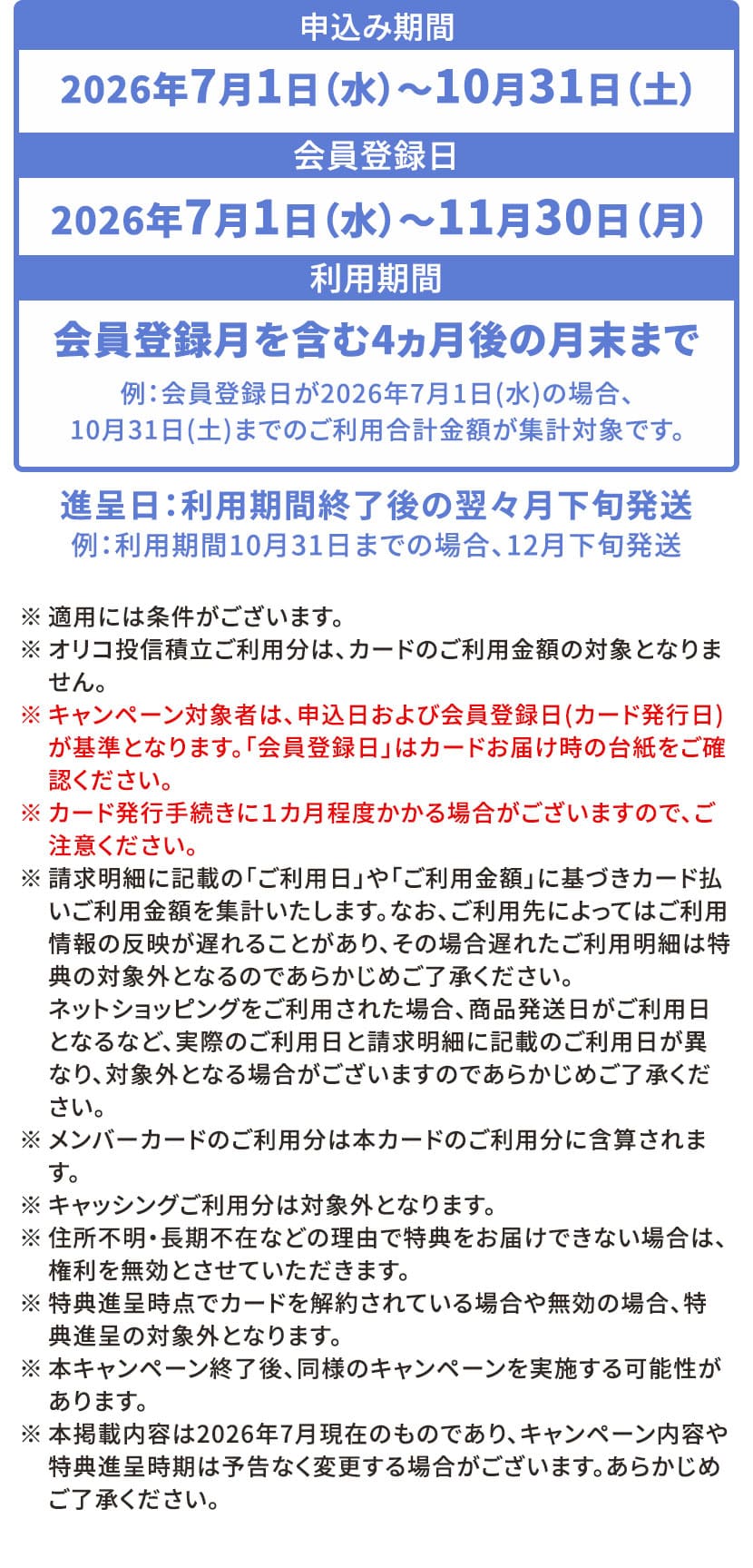 申込み期間2026年7月1日(水)〜10月31日(土) 会員登録日2026年7月1日(水)〜11月30日(月) 利用期間 会員登録月を含む4ヵ月後の月末まで 例：会員登録日が2026年7月1日(水)の場合、10月31日(土)までのご利用合計金額が集計対象です。進呈日：利用期間終了後の翌々月下旬発送 例：利用期間10月31日までの場合、12月下旬発送 ※適用には条件がございます。 ※オリコ投信積立ご利用分は、カードのご利用金額の対象となりません。 ※キャンペーン対象者は、申込日および会員登録日(カード発行日)が基準となります。「会員登録日」はカードお届け時の台紙をご確認ください。 ※カード発行手続きに1カ月程度かかる場合がございますので、ご注意ください。 ※請求明細に記載の「ご利用日」や「ご利用金額」に基づきカード払いご利用金額を集計いたします。なお、ご利用先によってはご利用情報の反映が遅れることがあり、その場合遅れたご利用明細は特典の対象外となるのであらかじめご了承ください。ネットショッピングをご利用された場合、商品発送日がご利用日となるなど、実際のご利用日と請求明細に記載のご利用日が異なり、対象外となる場合がございますのであらかじめご了承ください。 ※メンバーカードのご利用分は本カードのご利用分に合算されます。 ※キャッシングご利用分は対象外となります。 ※住所不明・長期不在などの理由で特典をお届けできない場合は、権利を無効とさせていただきます。 ※特典進呈時点でカードを解約されている場合や無効の場合、特典進呈の対象外となります。 ※本キャンペーン終了後、同様のキャンペーンを実施する可能性があります。 ※本掲載内容は2026年7月現在のものであり、キャンペーン内容や特典進呈時期は予告なく変更する場合がございます。あらかじめご了承ください。