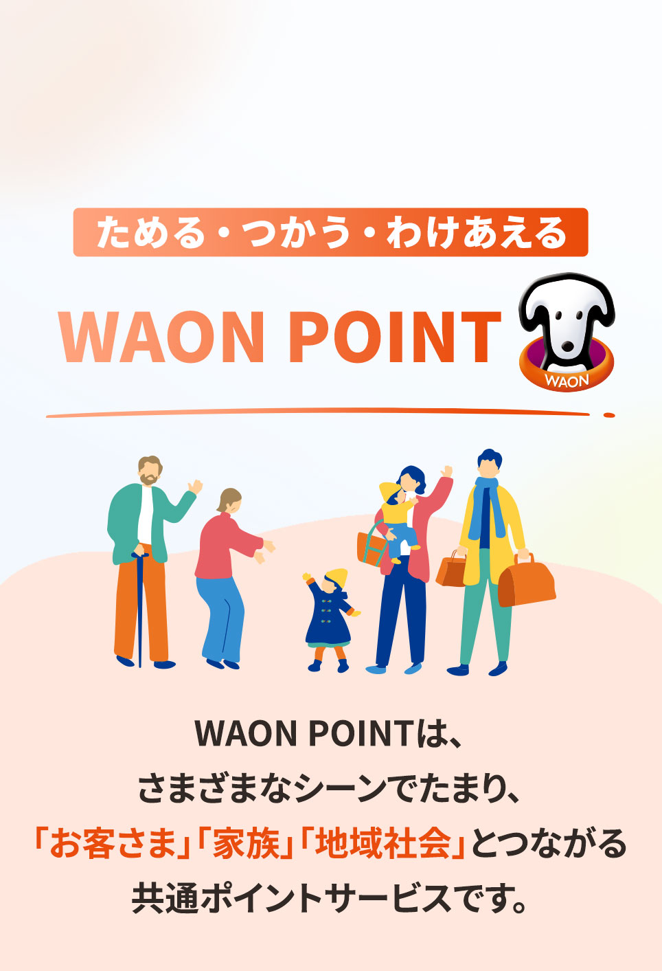 ためる・つかう・わけあえる イオンモールのWAON POINTは、さまざまなシーンでたまり、「お客さま」「家族」「地域社会」とつながる共通ポイントサービスです。
