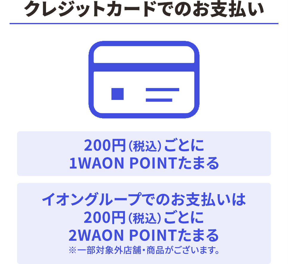クレジットカードでのお支払い 200円(税込)ごとに1WAON POINTがたまります。イオングループでのお支払いは200円(税込)ごとに2WAON POINTたまる ※一部対象外店舗・商品がございます。