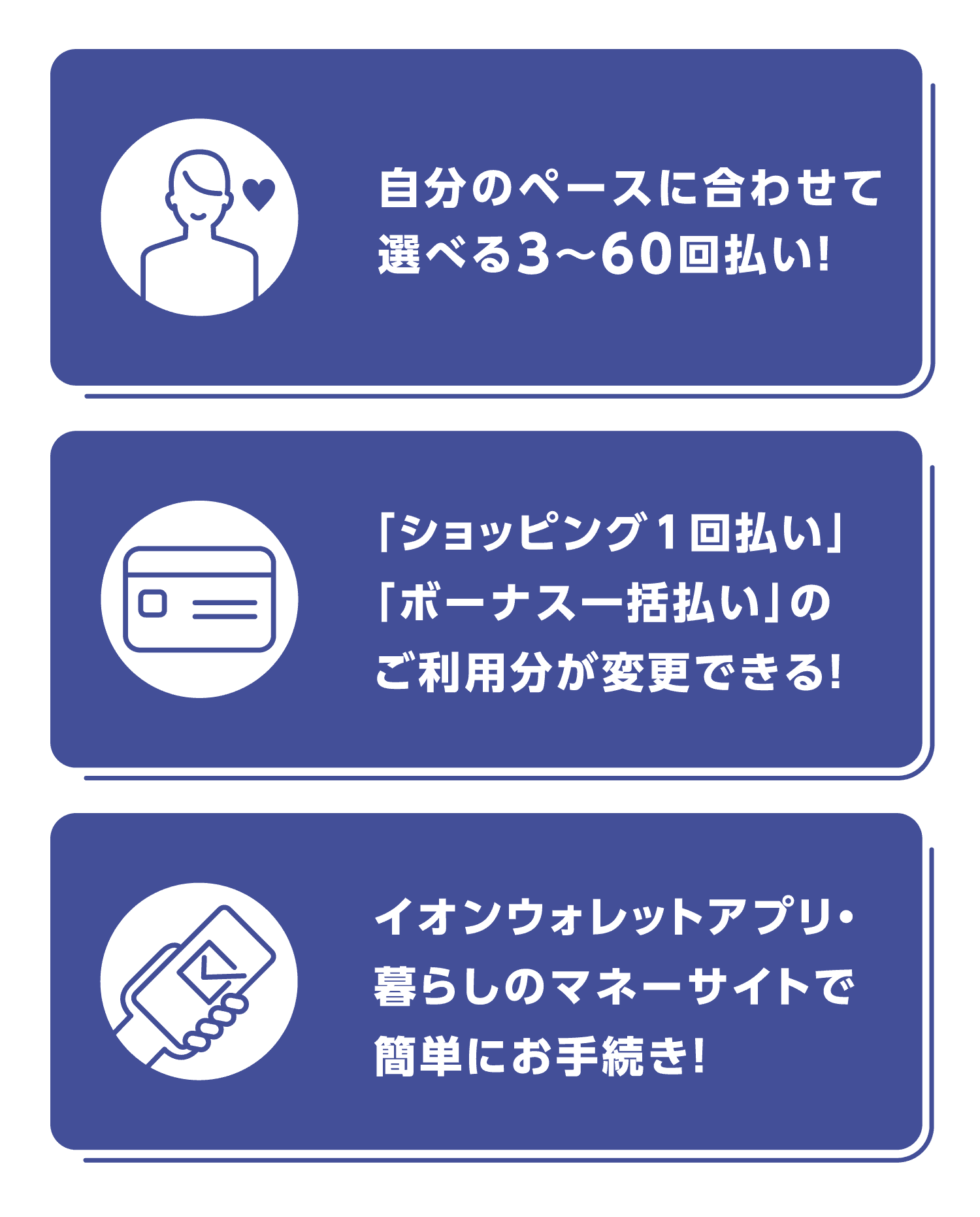 自分のペースに合わせて選べる3-60回払い!「ショッピング1回払い」「ボーナス一括払い」のご利用分が変更できる!イオンウォレットアプリ・暮らしのマネーサイトで簡単にお手続き!