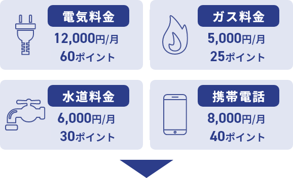 電気料金 12,000円/月 60ポイント ガス料金 5,000円/月 25ポイント 水道料金 6,000円/月 30ポイント 携帯電話 8,000円/月 40ポイント