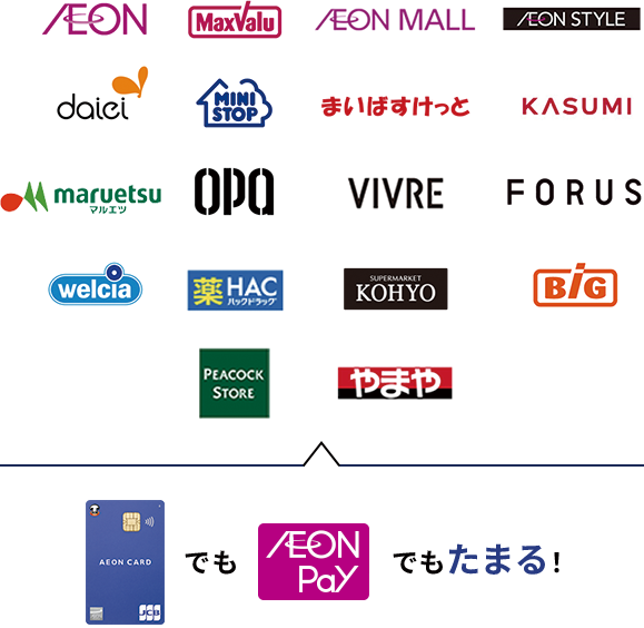 AEON MaxValu AEON MALL AEON STYLE daiei MINI STOP まいばすけっと KASUMI maruetsu OPA VIVRE FORUS welcia 薬HAC KOHYO BiG PEACOCK STORE やまや イオンカードでもAEON Payでもたまる!